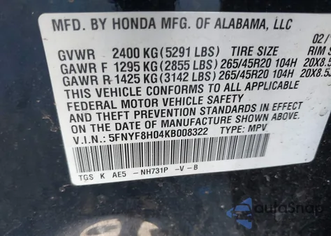 2019 Honda Passport Elite from USA, damaged, VIN 5FNYF8H04KB008322